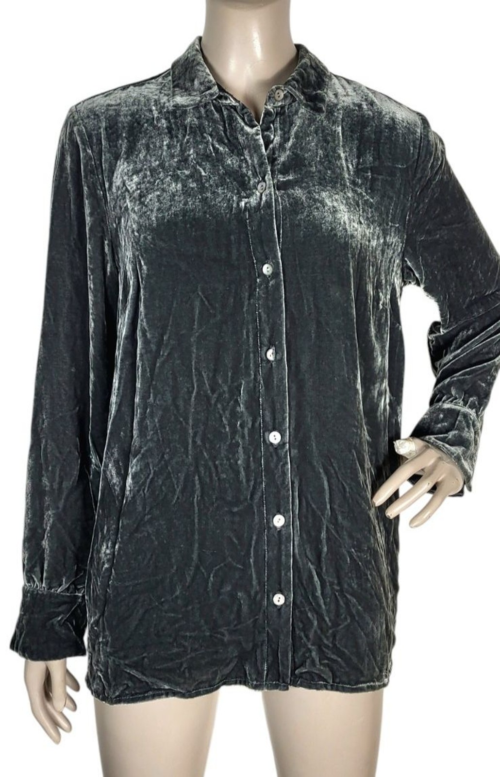 Vintage 90s J. Jill Grey Crushed Velvet Silk Rayon Button-Down Blouse Size Small