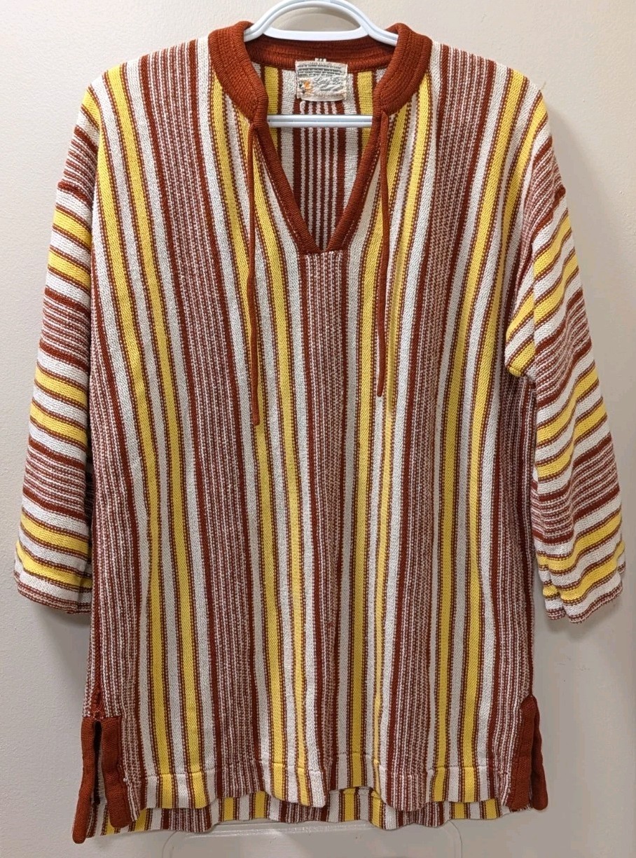 Vintage 70s Lady Bee Banff Knit Tunic Sweater Top Striped Boho Drop Shoulder Sz