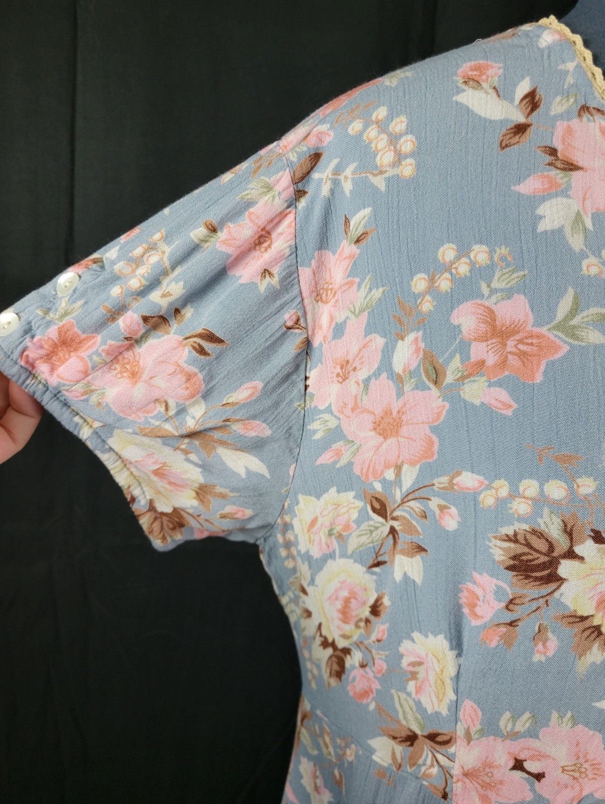 Vintage Ellen Ashley Blueish Grey Dress w Pink & Cream Florals Size 14P