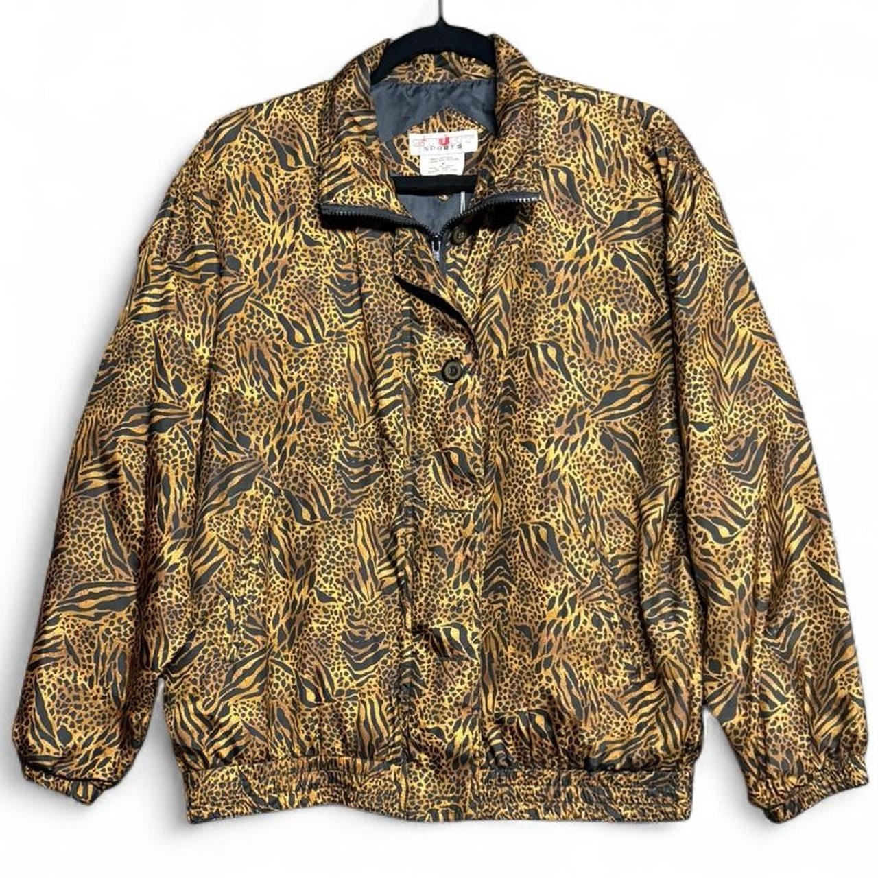 90’s Stunt Sports 100% Silk Leopard Print Zippered & Buttoned Windbreaker Jacket