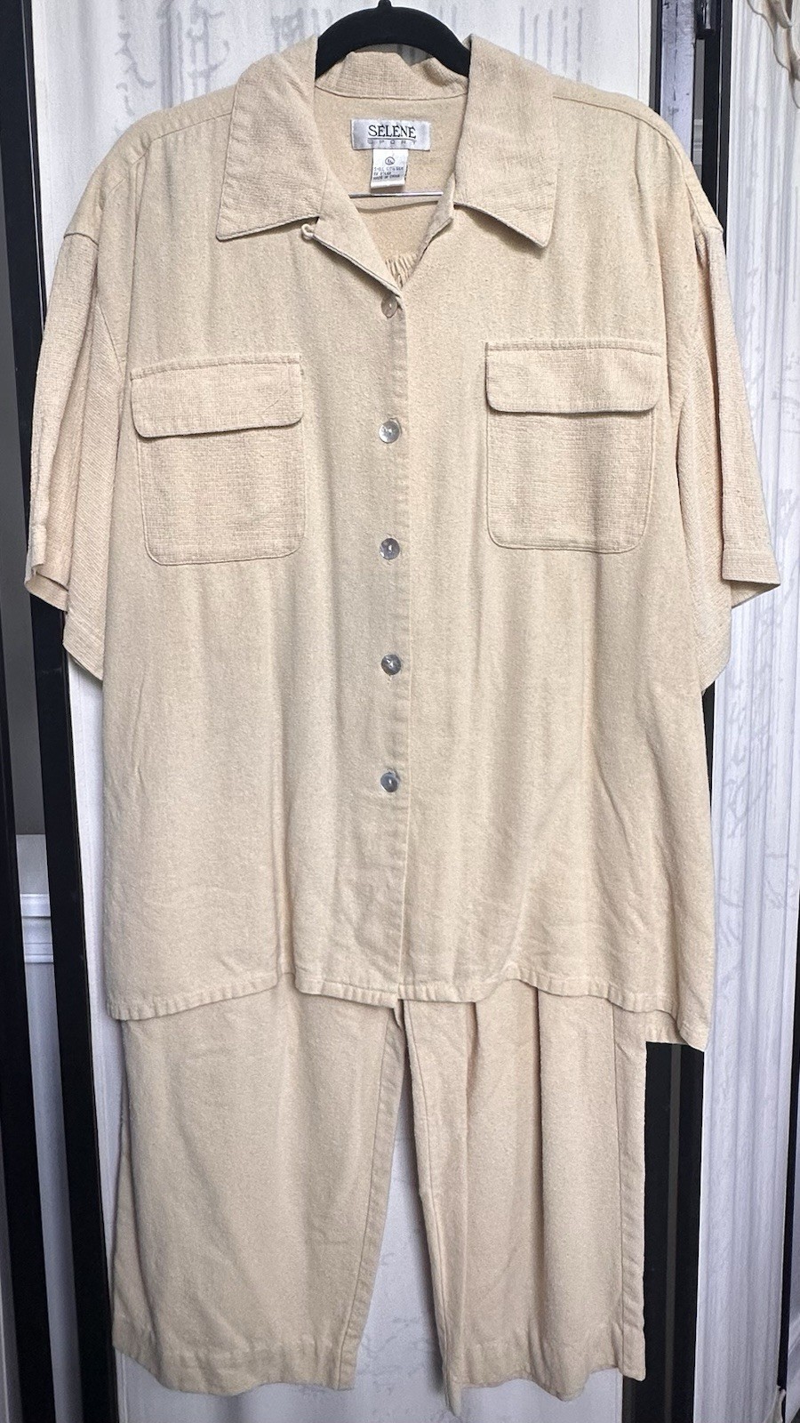 Vintage 90s Selene Sport 100% Raw Silk 2-Piece Pant Set Beige Minimalist Large