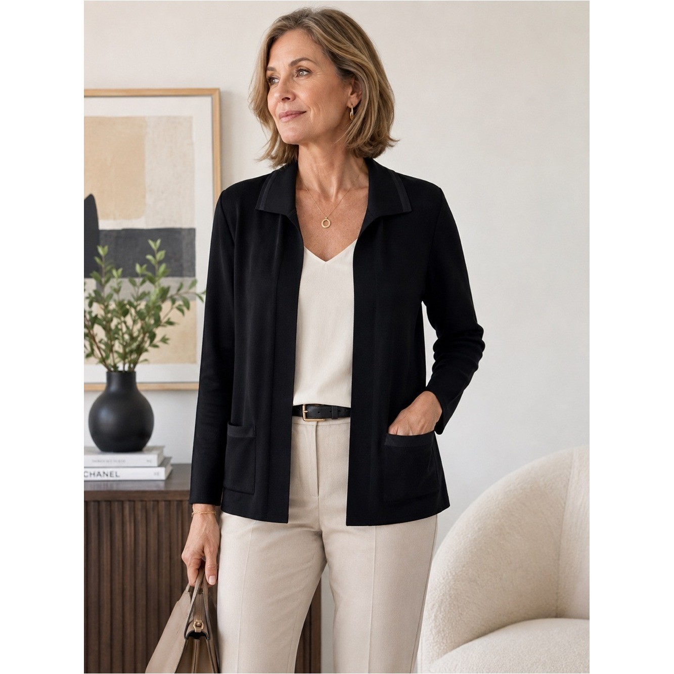 Misook Open Front Knit Cardigan Jacket Pointed Collar Patch Pockets Career