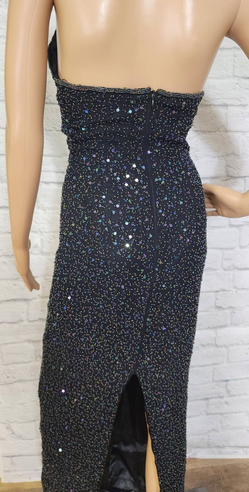 Vintage 90s keyhole halter Gown black Beading Column Evening Formal Size XS