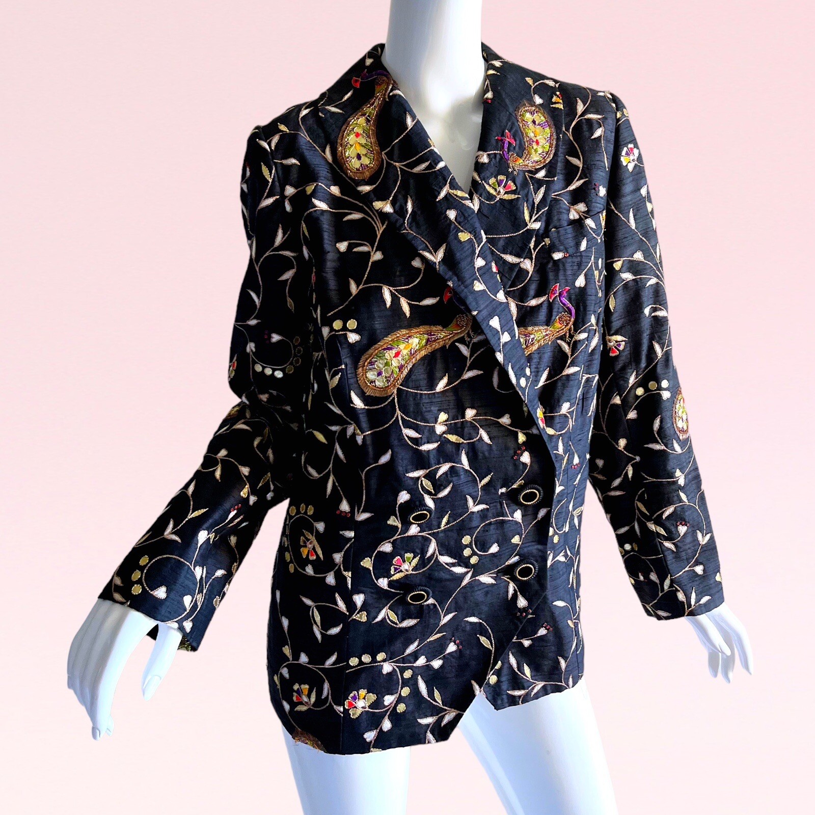 1980s Vtg Indian Sequin Silk Metallic Peacock Zardozi Evening Tuxedo Jacket L