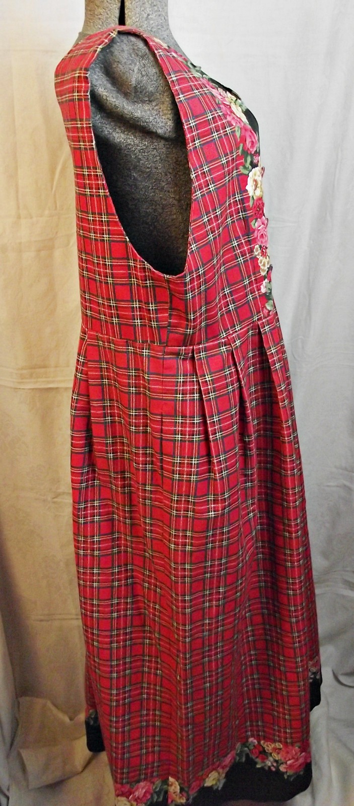 COTTAGECORE Hand Made Womens Jumper Pinafore Dress Red Tartan Plaid Roses XL