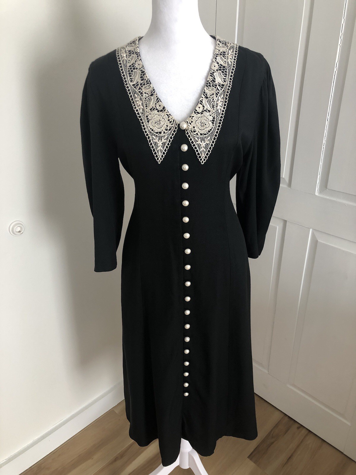Vintage 80s 90s Black Gothic Dress Small Medium Wednesday Addams Lace Pearls