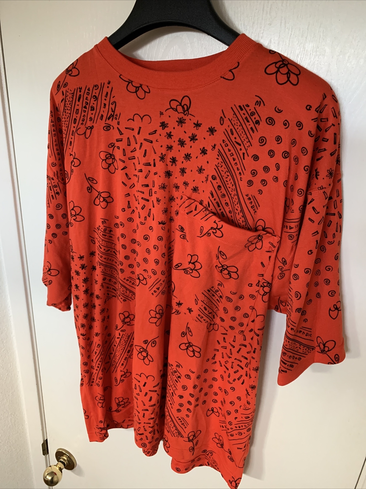 Currants By Jeri-Jo Vintage 1970’s Orange Black Flower Pocket Shirt Women’s Sz L