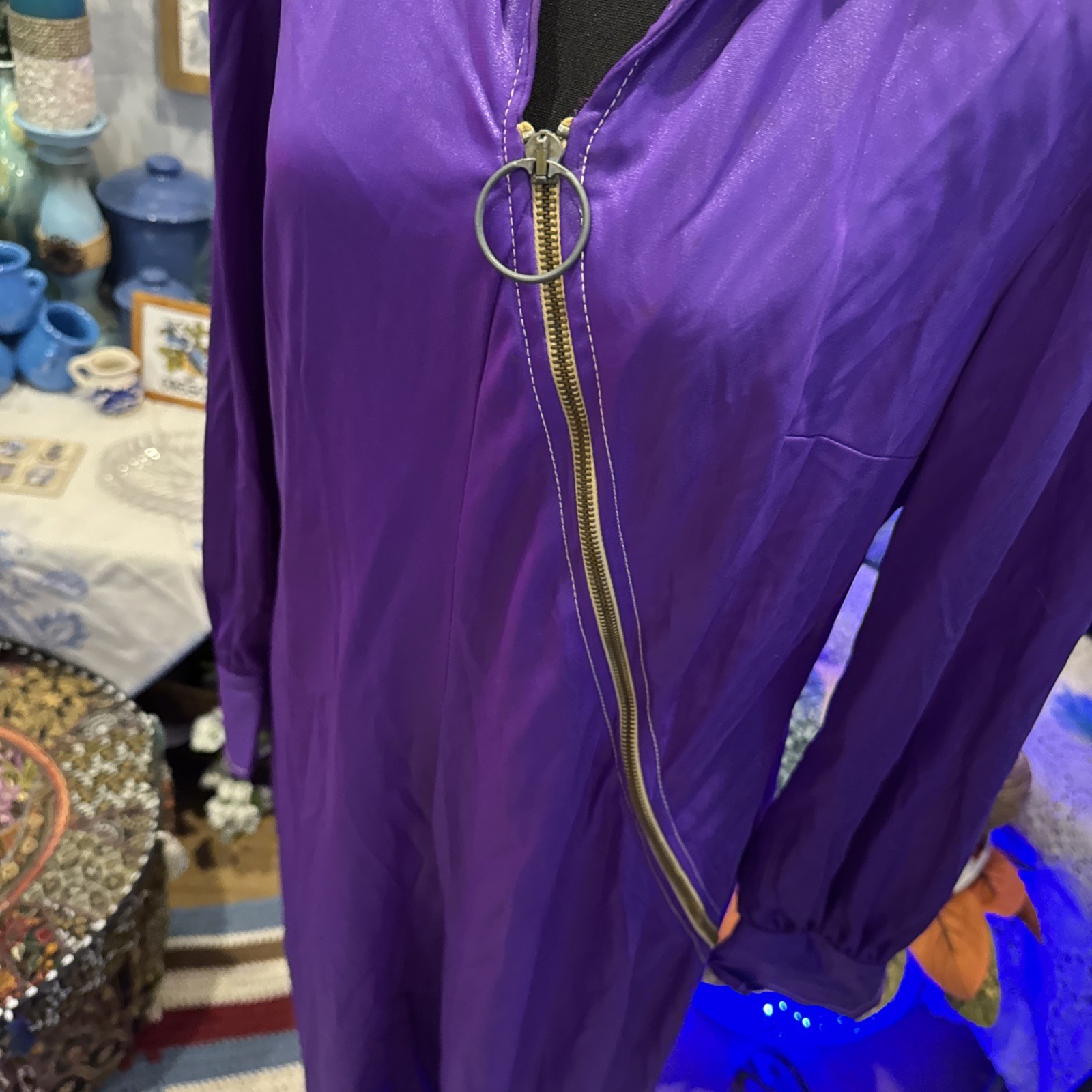 Eve Le Coq Vintage Disco Pantsuit Jumpsuit Shiny Purple Wide Leg 60s 70s UNIQUE