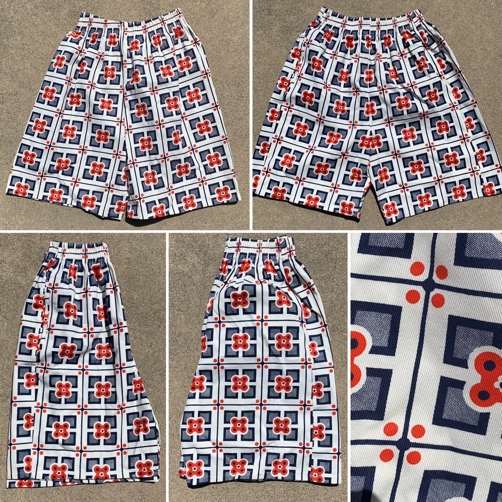 Vintage High Waist Shorts Red White Blue Geometric Floral Elastic Waist XS S