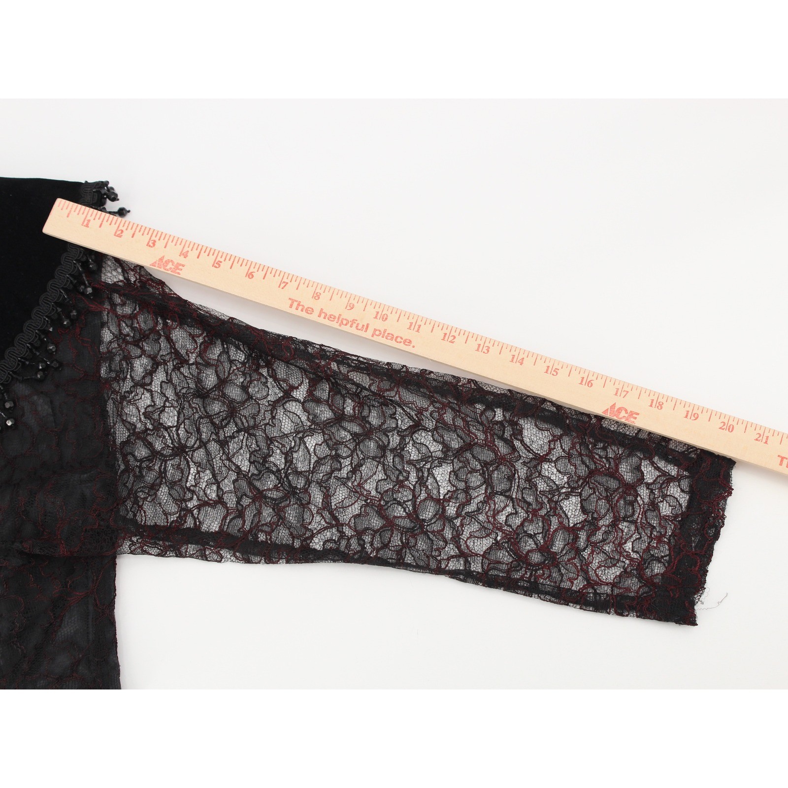 Sue Wong Bolero Jacket Medium Black Burgundy Lace Velvet Sequin Beaded Fringe