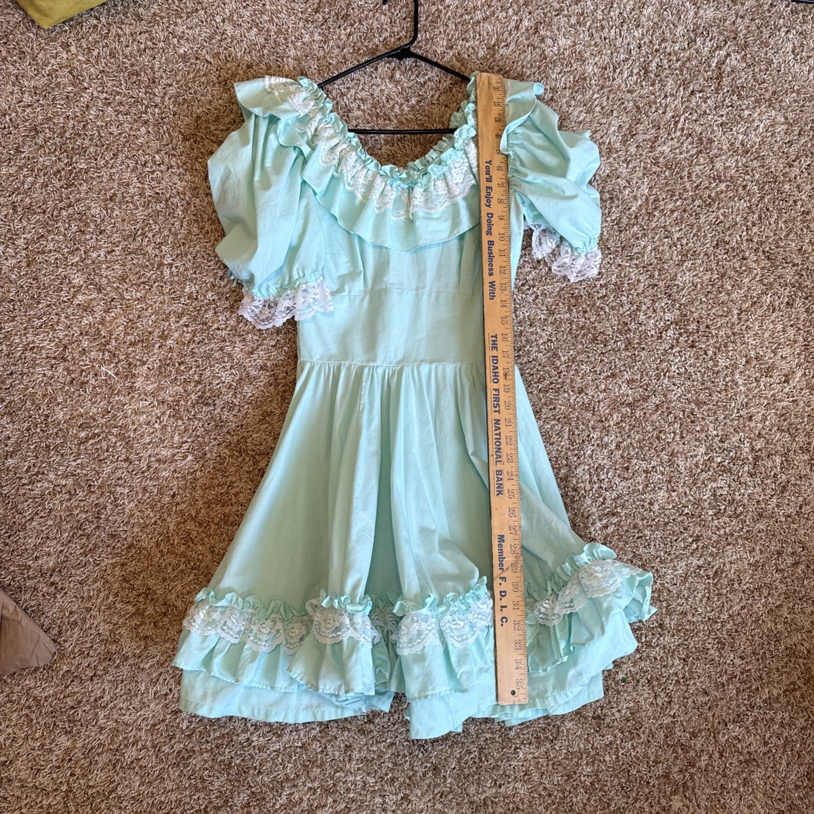 Vintage Large Square Dance Dress Mint Green Lace Prairie Western Cottagecore