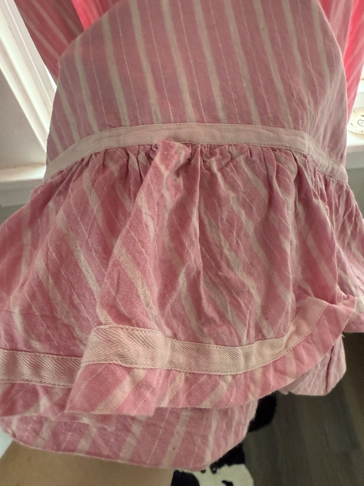 Antique Handmade Pink Striped Dressing Gown Robe In Heavy Cotton With Lace M