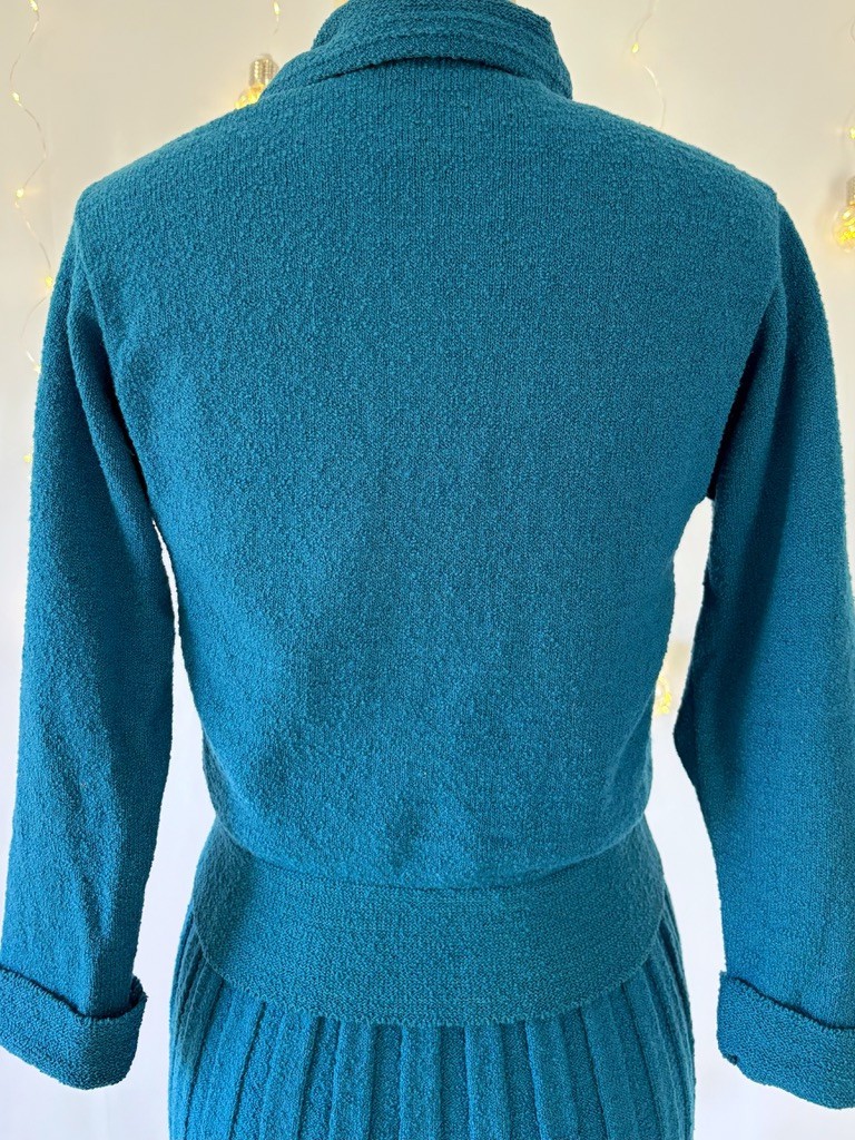 Vtg 40s 50s Knit Set Cardigan Sweater Skirt Teal Blue Chenille Wool Size S/M