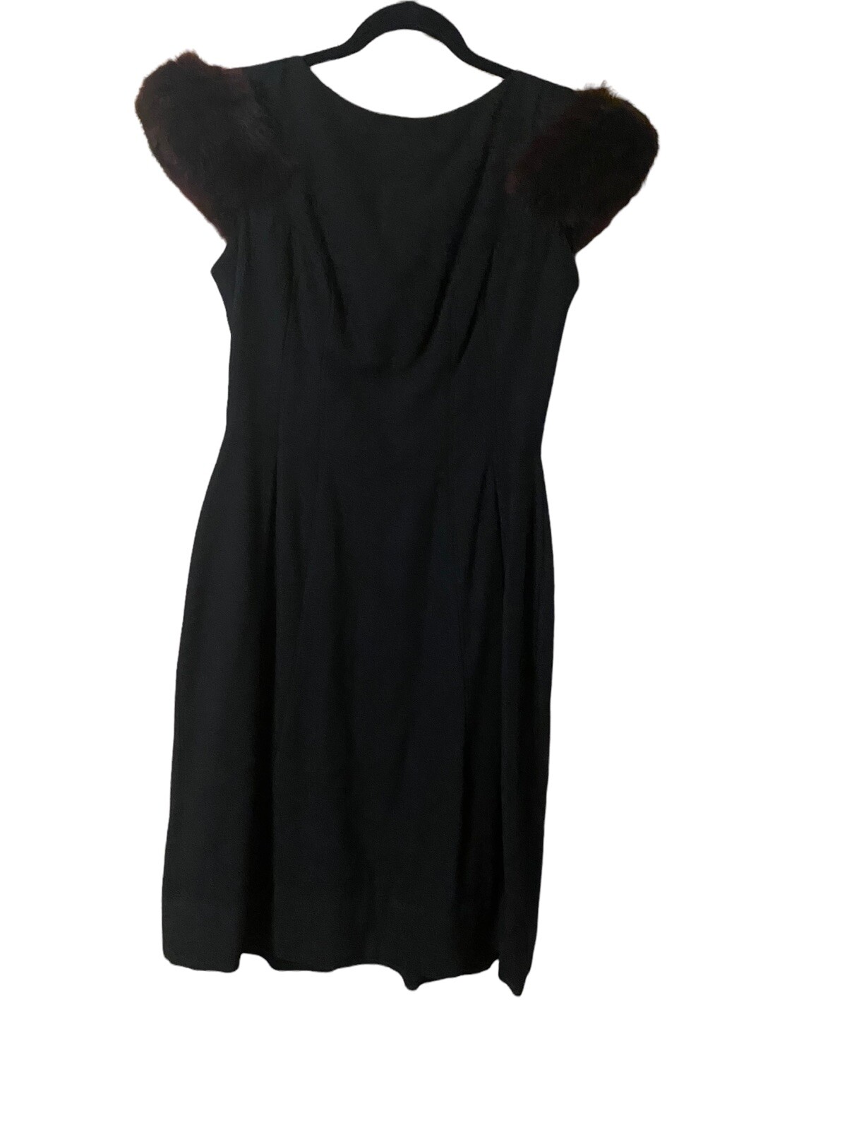 1950s Elinor Gay Original Black Wool Type Dress Brown Fur Sleeves Bust 34 XS