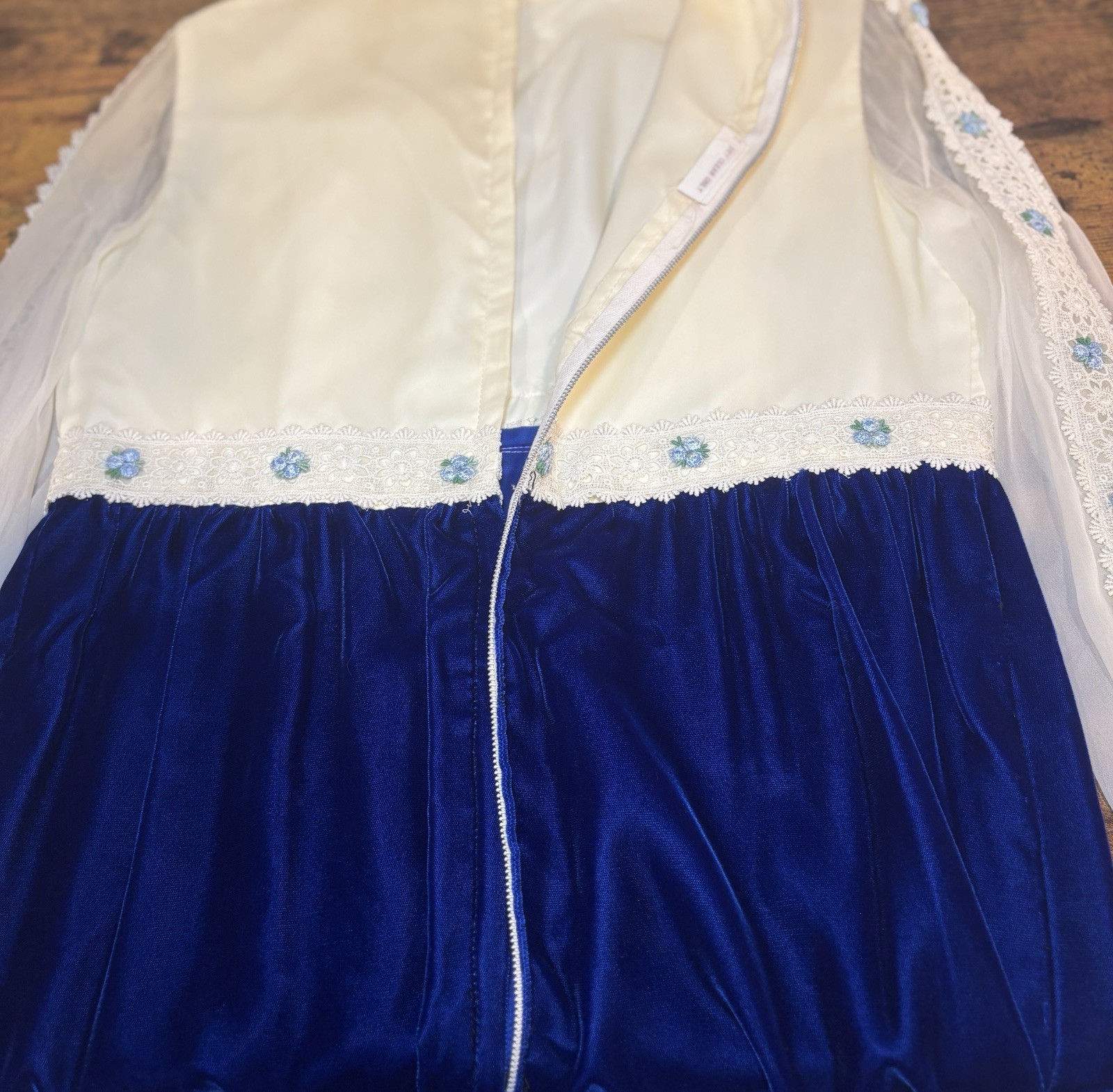 Vintage 1970s Blue Beige Chiffon Velvet Maxi Dress Lace Bodice Sz Medium?