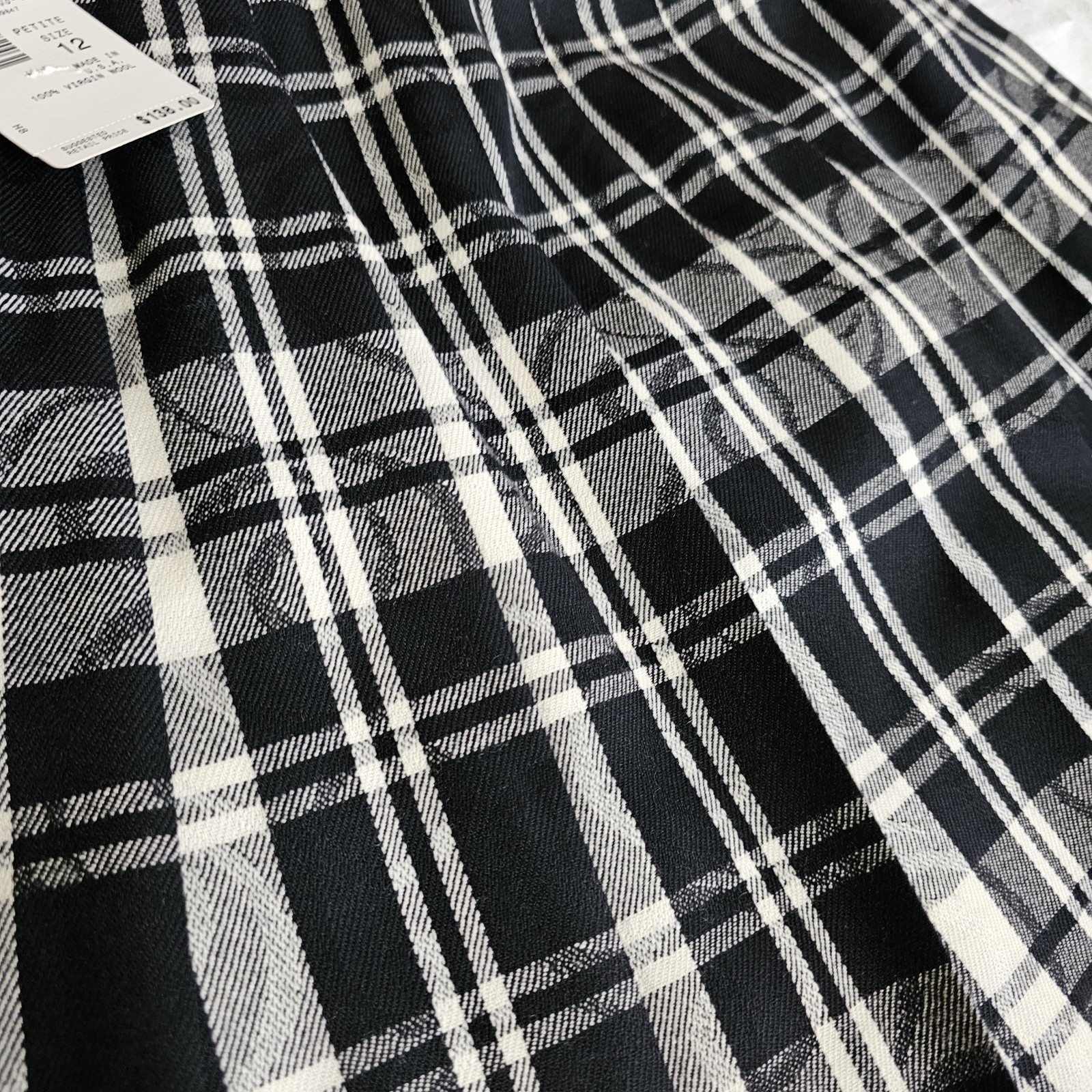 NWT VTG Pendleton Plaid Pleated Midi Skirt Black White 100% Virgin Wool Sz 12