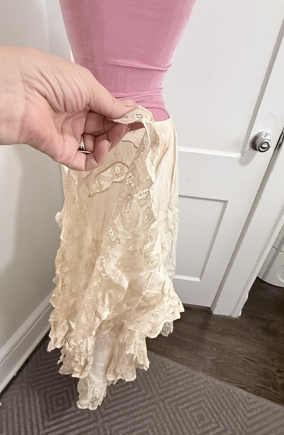 Antique Victorian Cotton & 3 Layers Of Lace Petticoat Underskirt Vintage 27w 35L