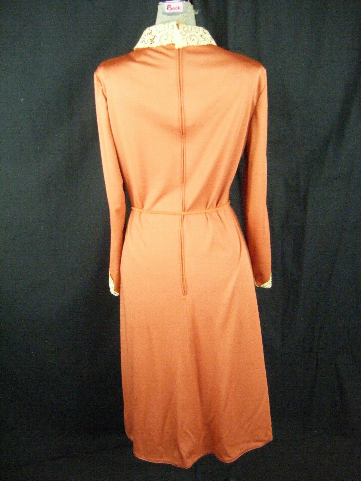 JAMES DAUGHERTY Vtg 70s Brown Knit Dress w/Antique Lace Collar & Cuffs-Bust 40/M