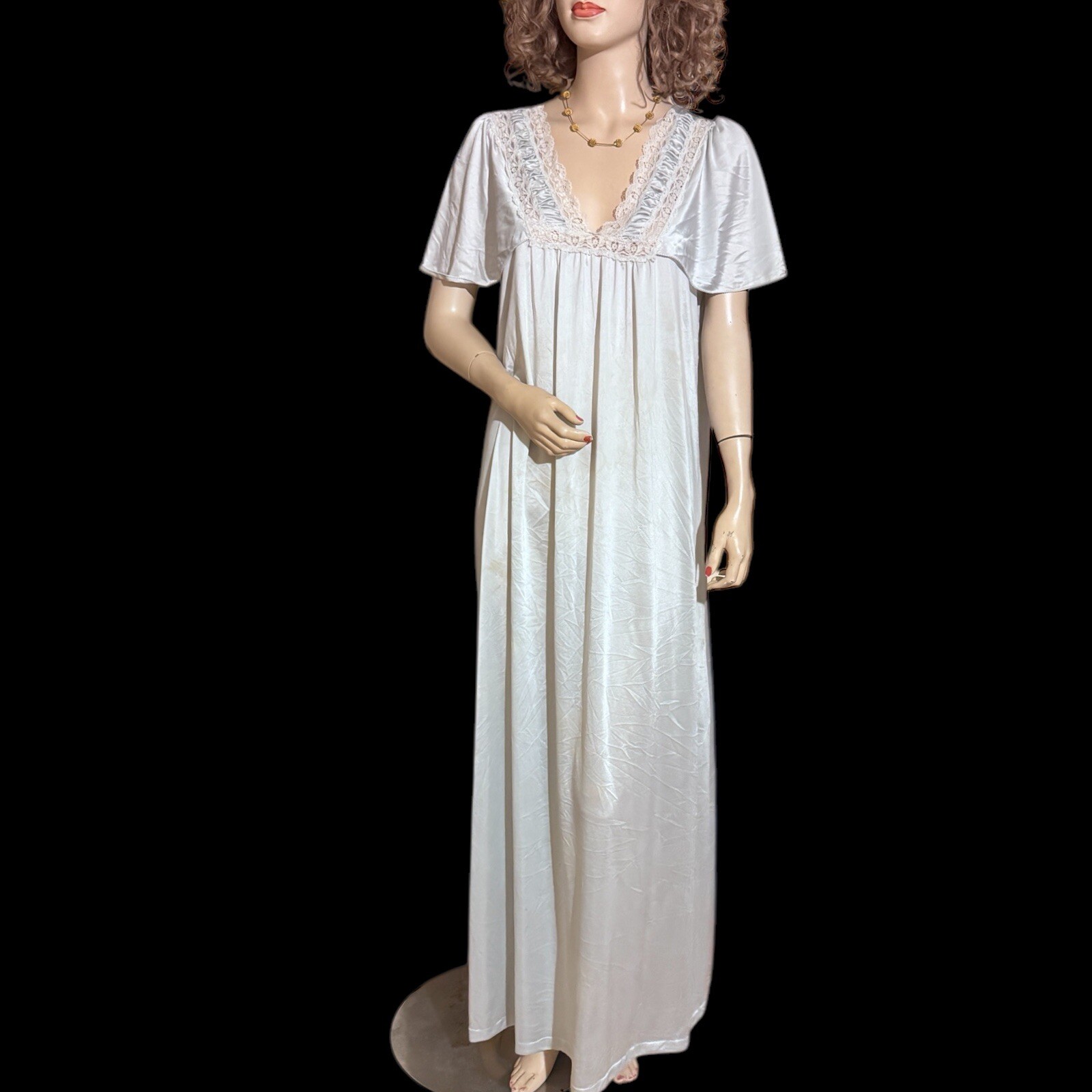 Vintage San Souci Long Lace Inset Blue Nylon Nightgown Sz M