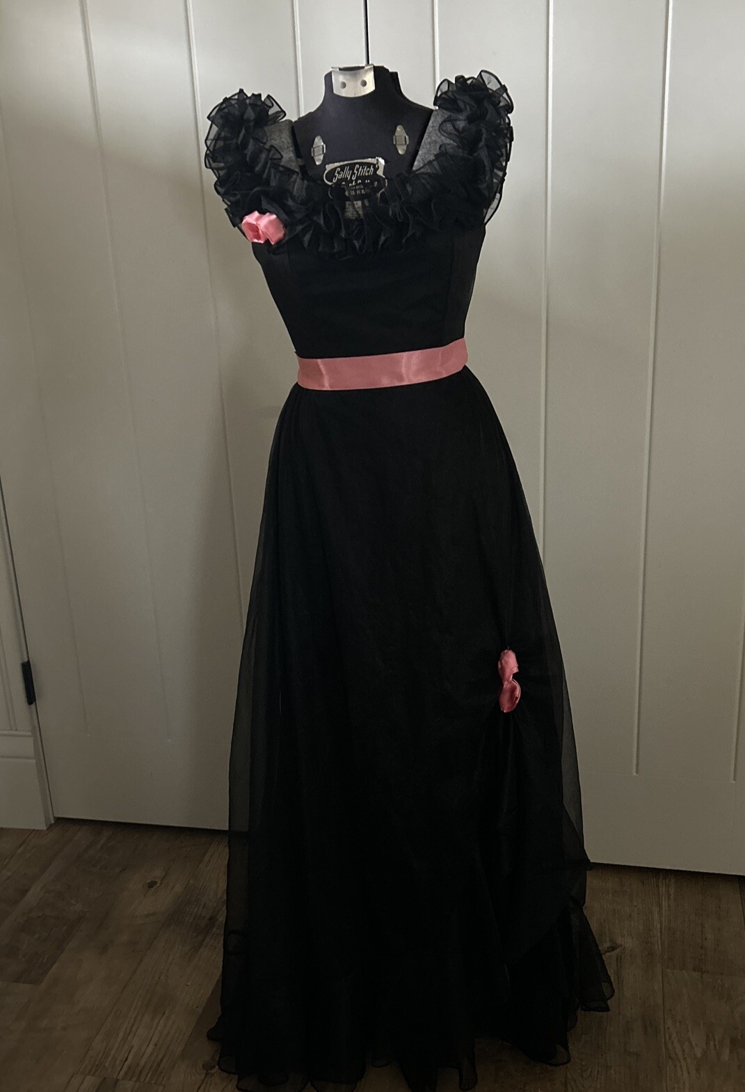 Vintage Black 1970’s Prairie Southern Belle Dress With Pink Accents