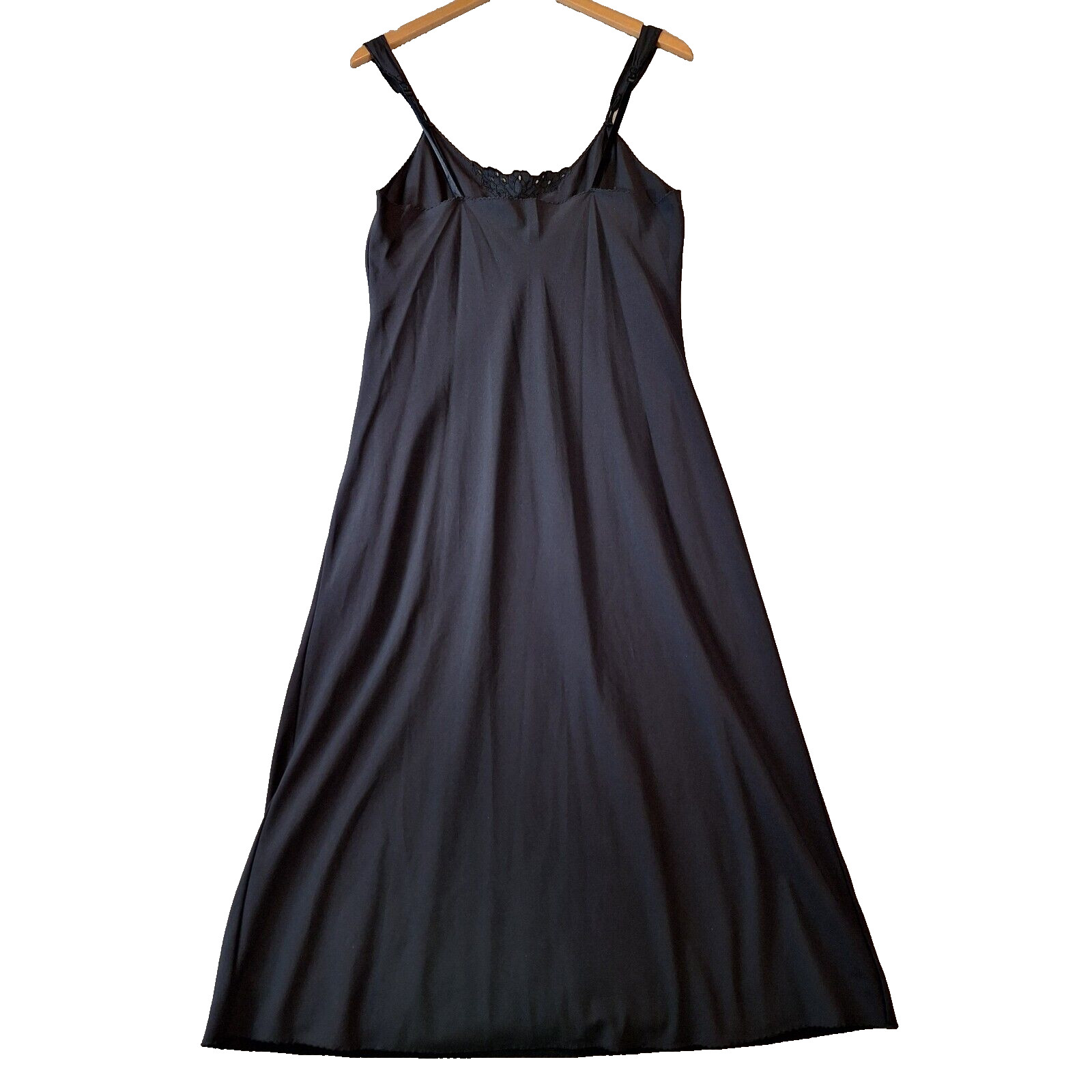 Vanity Fair Slip Dress Womens 38 Black Midi Floral Applique Nightgown USA Vtg