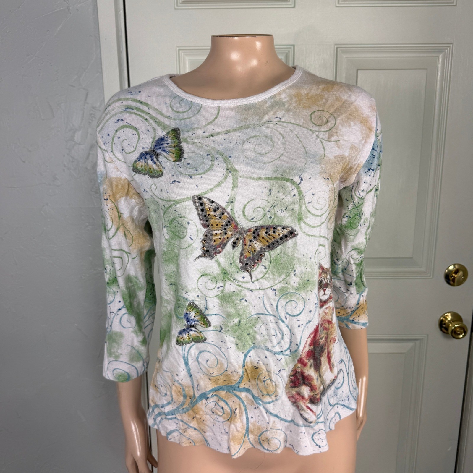 Vintage Y2K Shirt Endless Designs Cotton Baby Tee Knit Small Cat Butterfly F3-17
