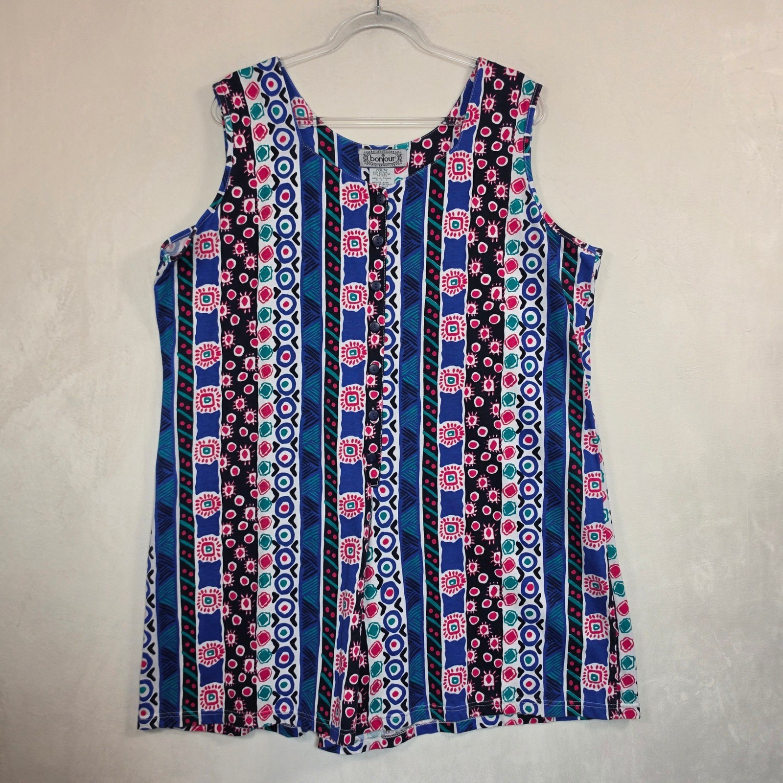 Vintage 90s Bonjour Romper Womens 22W Blue Geometric Boho Festival Y2K Kidcore