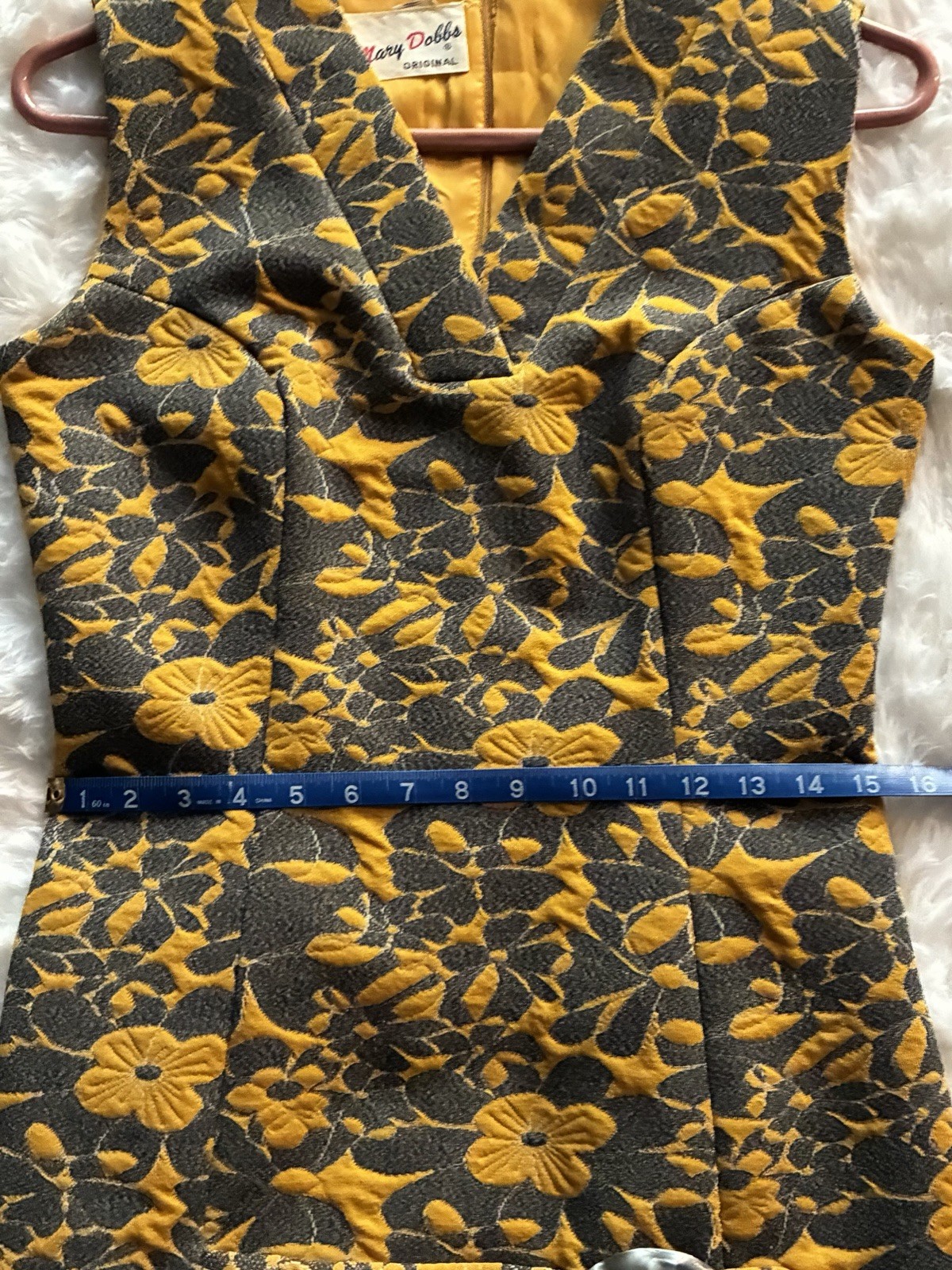 Vintage 1960s Mary Dobbs One-Piece Gold Brocade Dress Pleated Hem Lucite Buckle