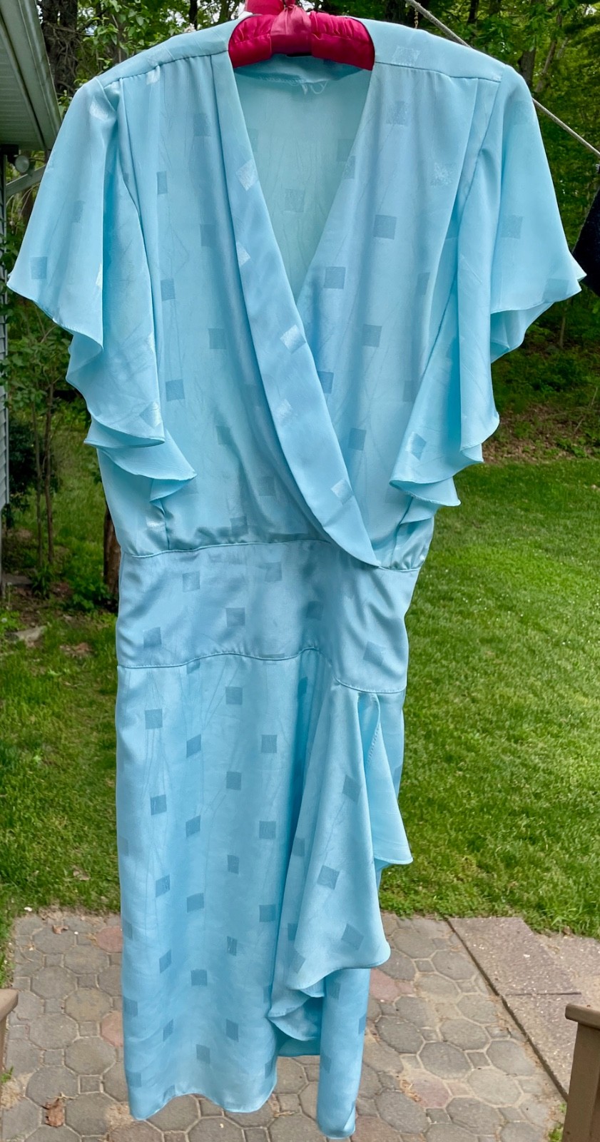 Vintage 90s Dawn Joy Fashions Dress Light Blue Batwing Sleeve Drop Waist Wrap