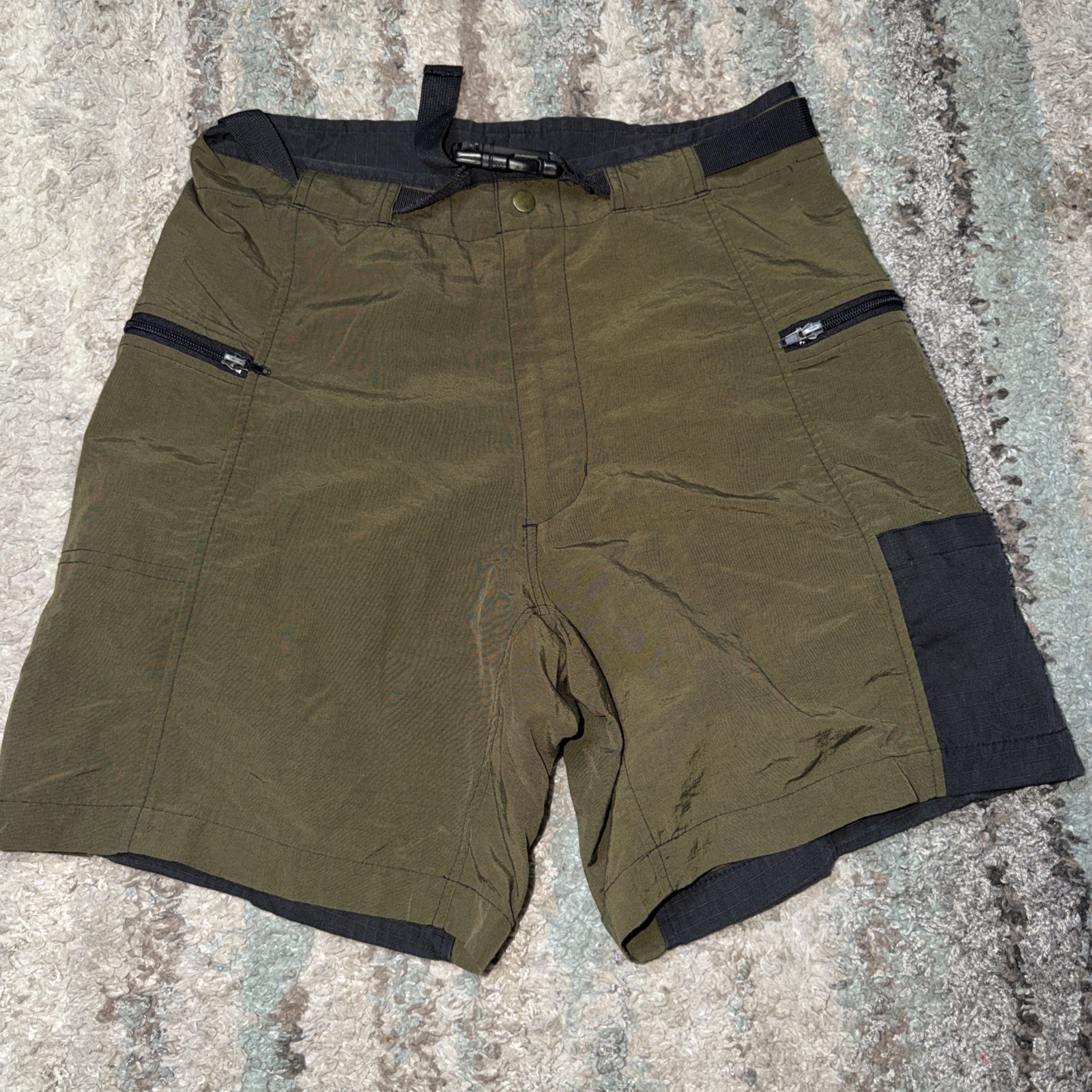 Vintage 80s 90s Last Chance Sportswear Nylon Olive Green Belted Shorts Size 32