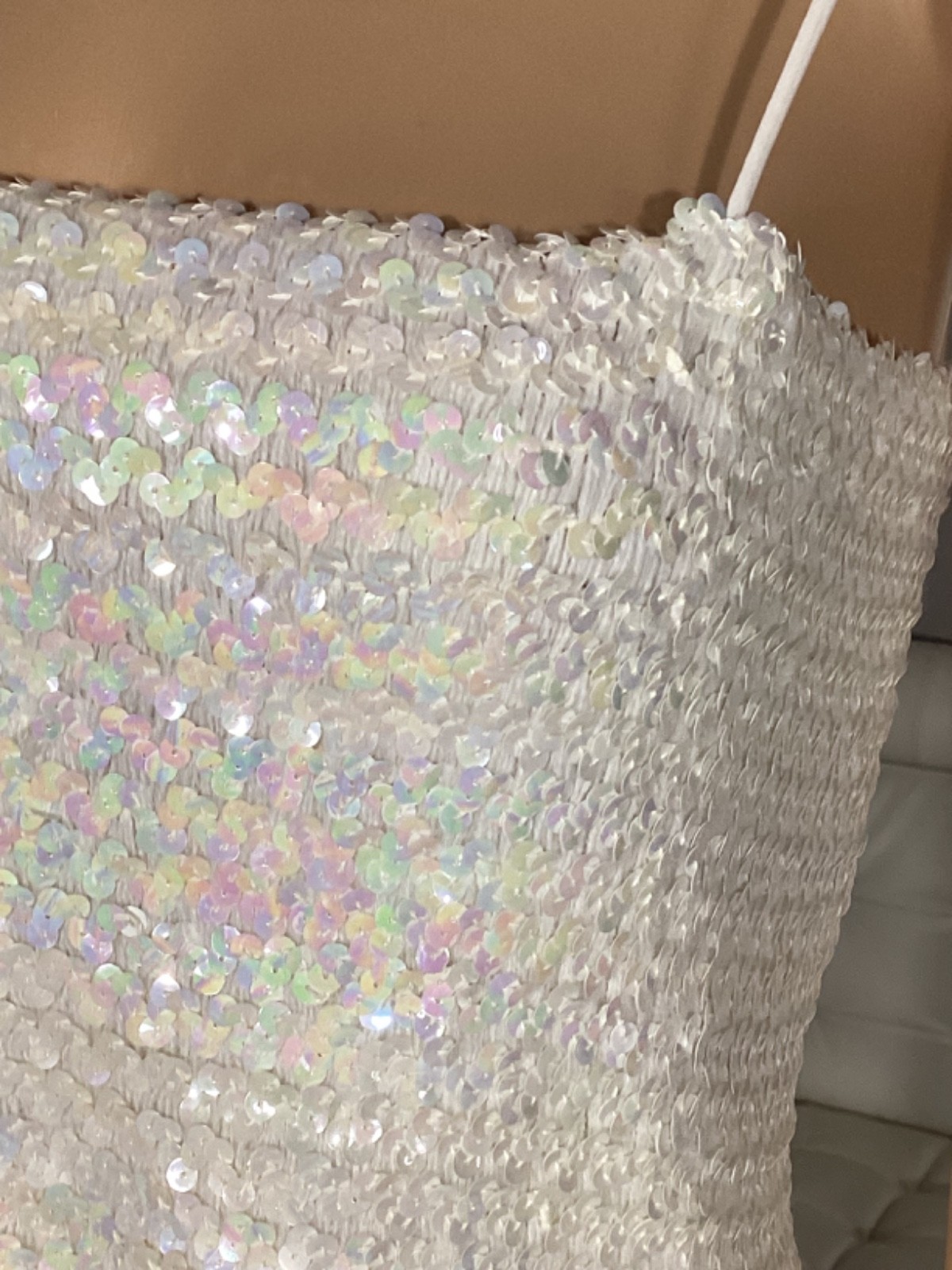 Vintage NOS Denise Fashions Iridescent Sequin White Sleeveless Maxi Party Dress