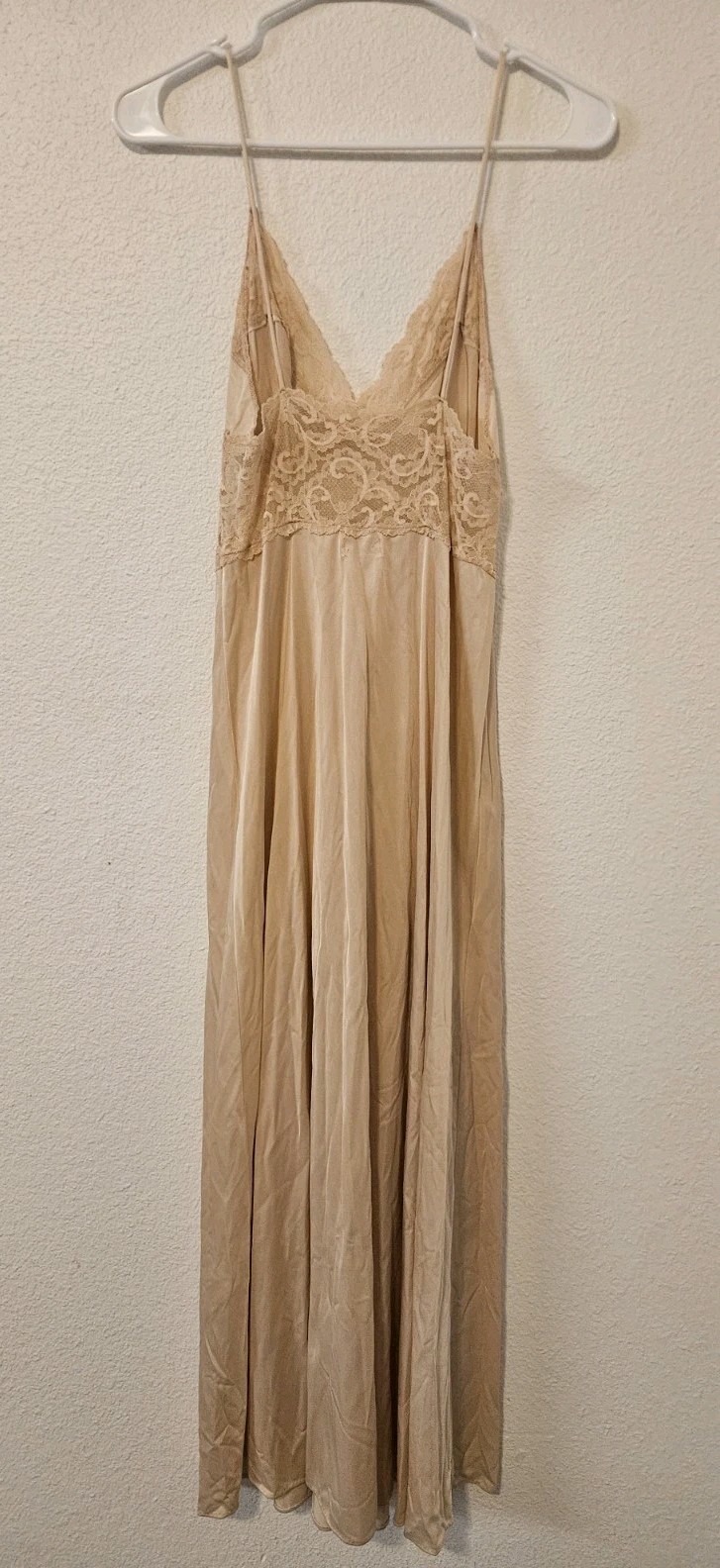 ​VTG 70s Maidenform Dreamwear Peignoir Set M Tan Beige Nylon Lace Robe Gown USA