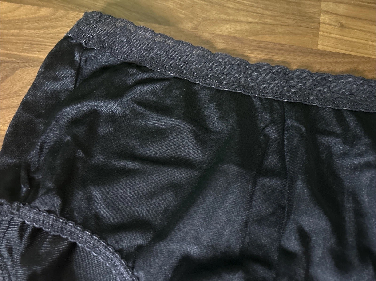 Vtg Fruit Of The Loom Panties Sz 8 Black Silky Nylon Lace Hi Cut Side Tag NOS