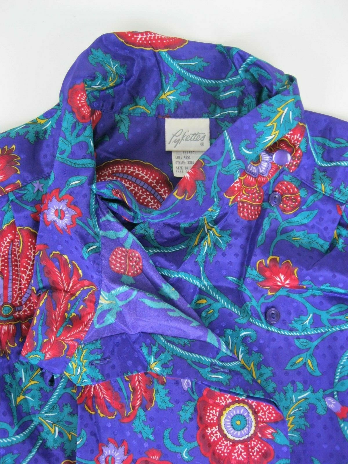 Pykettes Vintage Blouse Size 14 Purple Red Green Long Sleeve Hidden Button Front