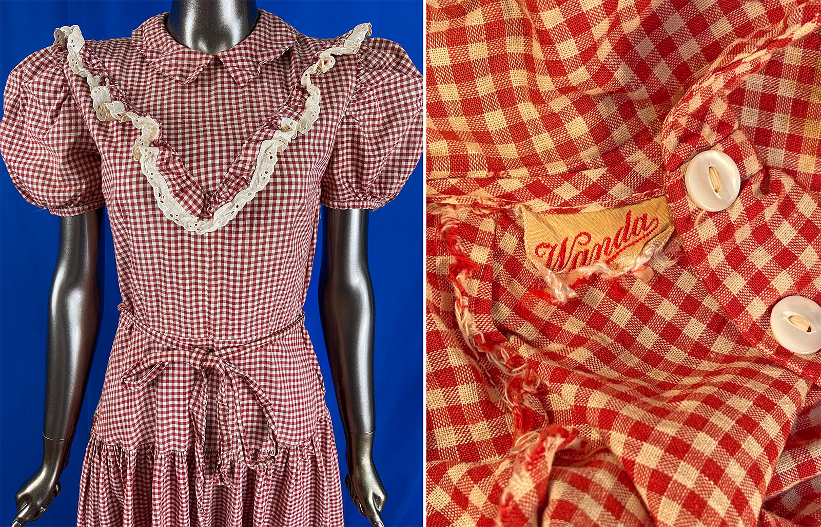 Vintage Wanda Red White Gingham Plaid Check Eyelet Ruffle Trim Belted Maxi Dress