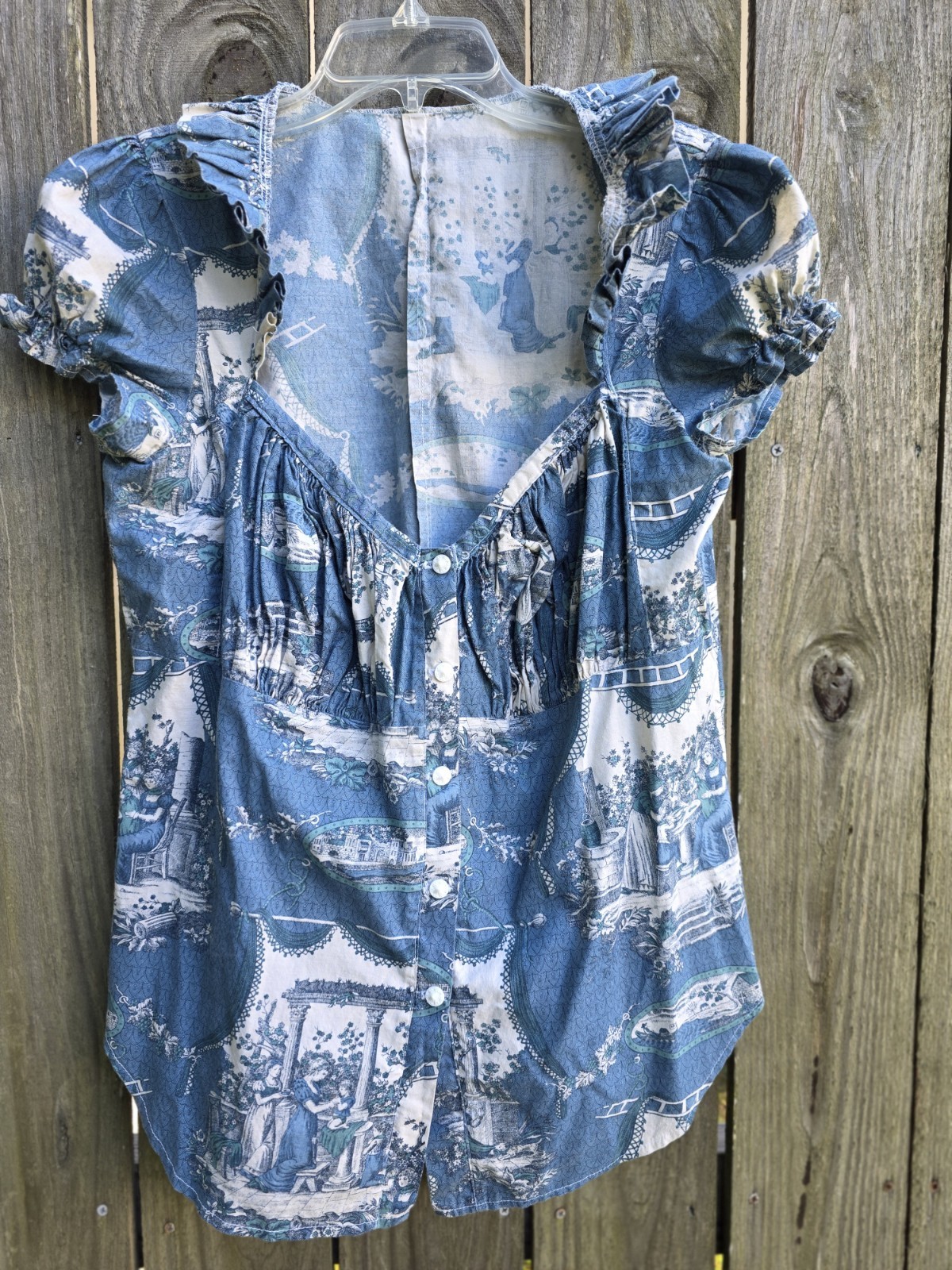 M Unbranded 80s 90s Handmade Top Bodice Detail Blue Graphic Ruffle V Neck