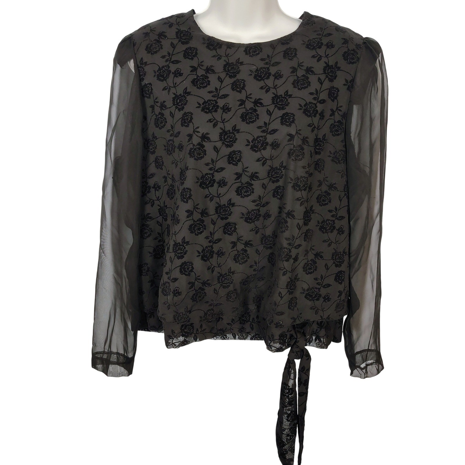 R&K Evening Vintage Floral Flocked Sheer Sleeve Side Tie Blouse Grey Black 12