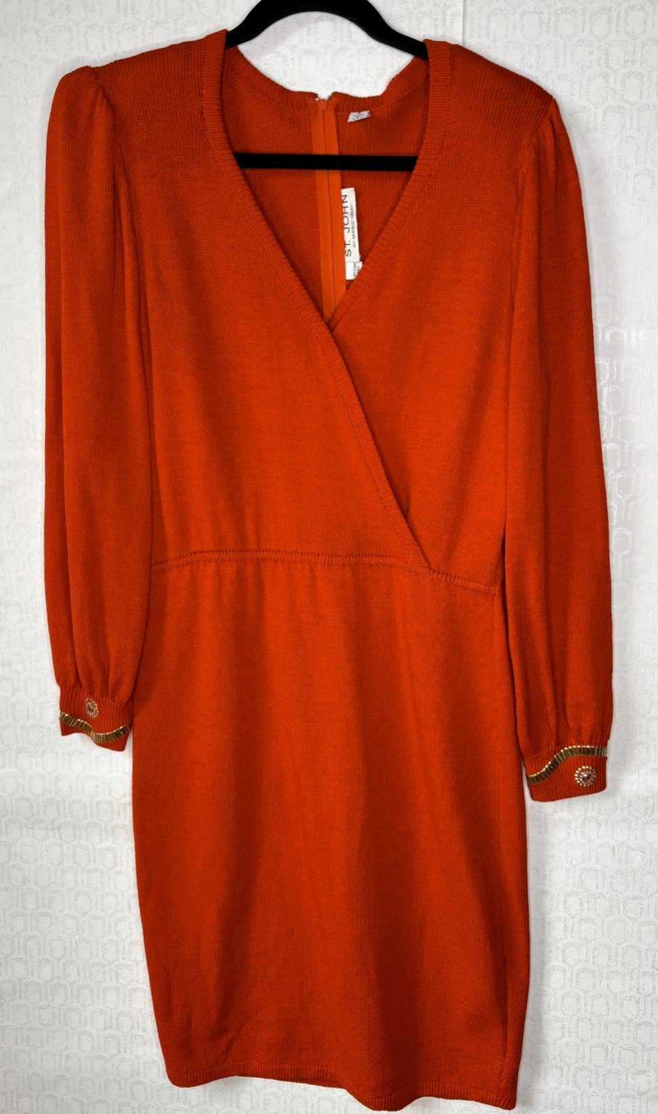 VTG ST.JOHN SANTANA KNIT GOLD PAILETTE CUFF DRESS*WAIST ELASTIC NOT SPRINGY*6