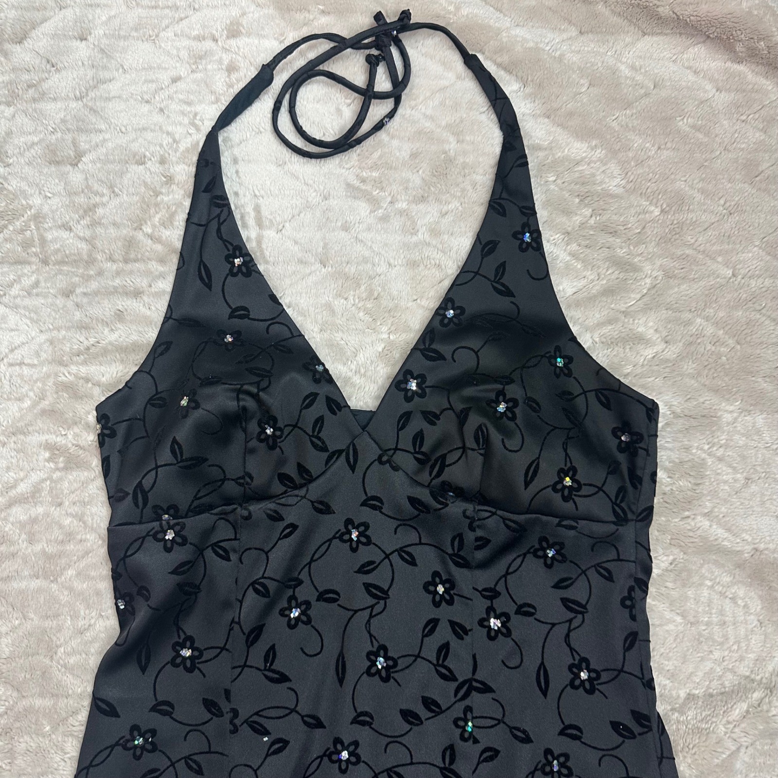 City Triangles Vintage Y2K Black Flocked Floral Rhinestone Halter Dress Sz 9/10