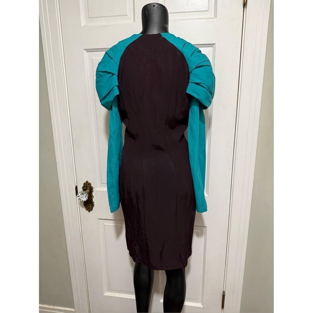 Vintage Teal Black Pearl Dress Long Sleeve 80s 90s Buttons Shoulder Pads Size 3