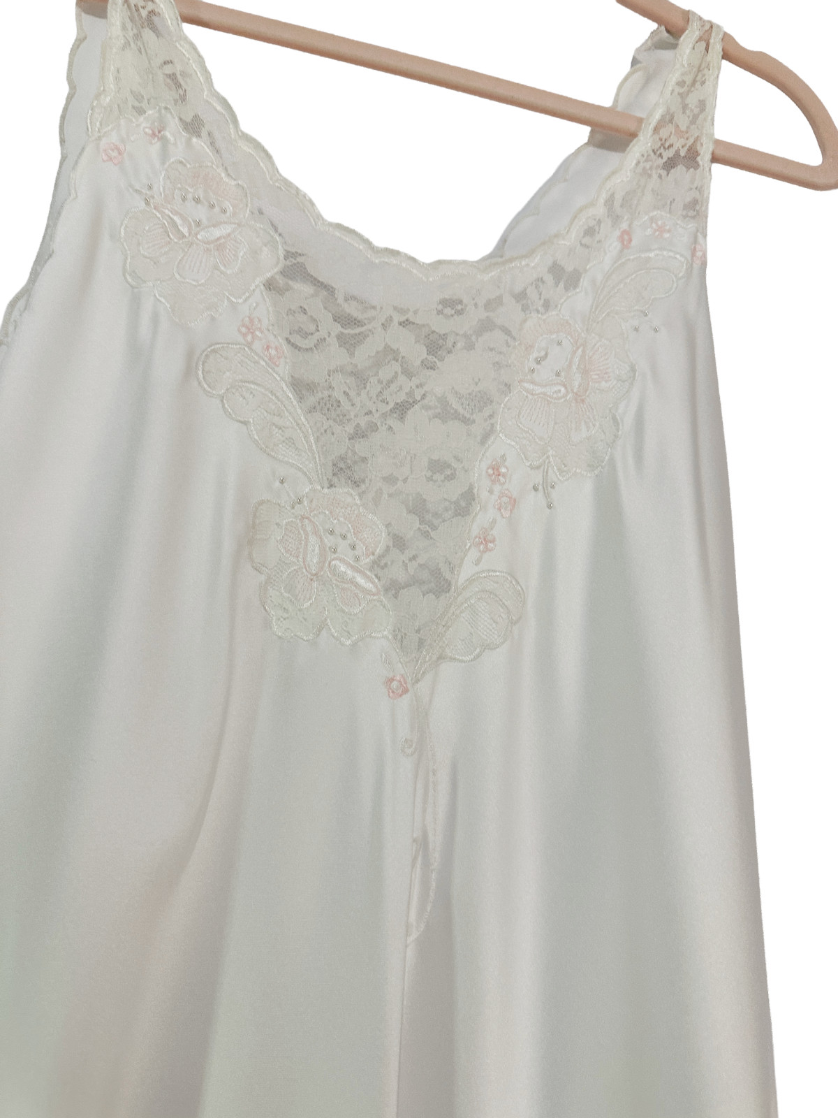 Vintage 1980s Sara Beth White Satin & Lace Nightgown Maxi Slip Dress Small