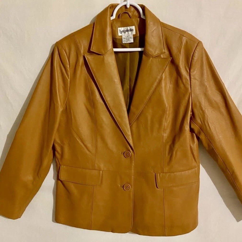 Vintage Retro Bagatelle Classic Tan 100% Leather Lined Short Blazer Size 14