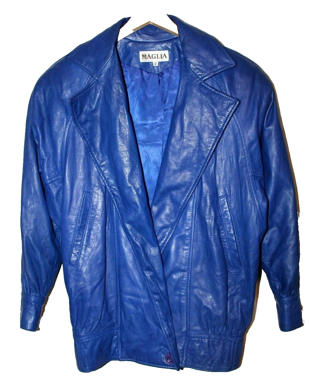 Vintage 80s MAGLIA Electric Blue Soft Leather Bomber Jacket Coat Women’s Size 2