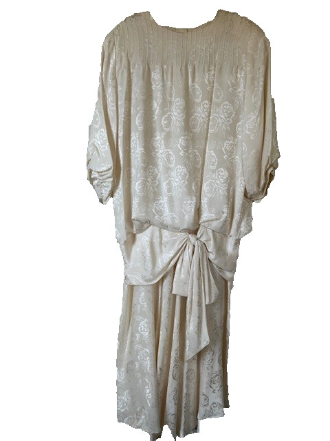 Jack Mulqueen Vtg 80’s Evening Dress Sz 8 Ivory Floral Jaquard Silk Drop Waist