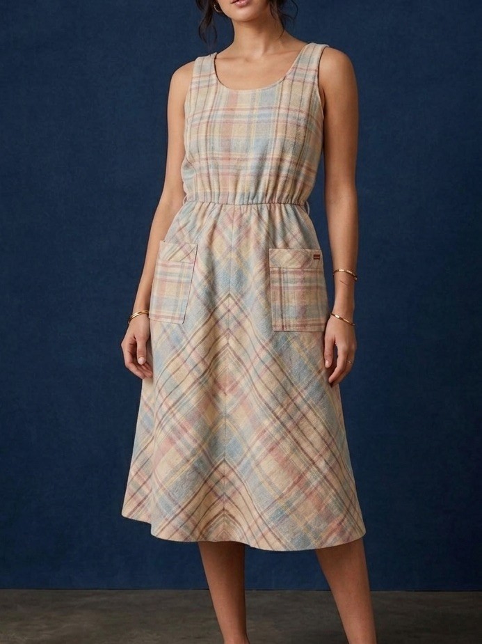 Vintage Sasson Plaid Midi Dress 10/11 Pastel Wool Blend Jumper Pockets 70s 80s