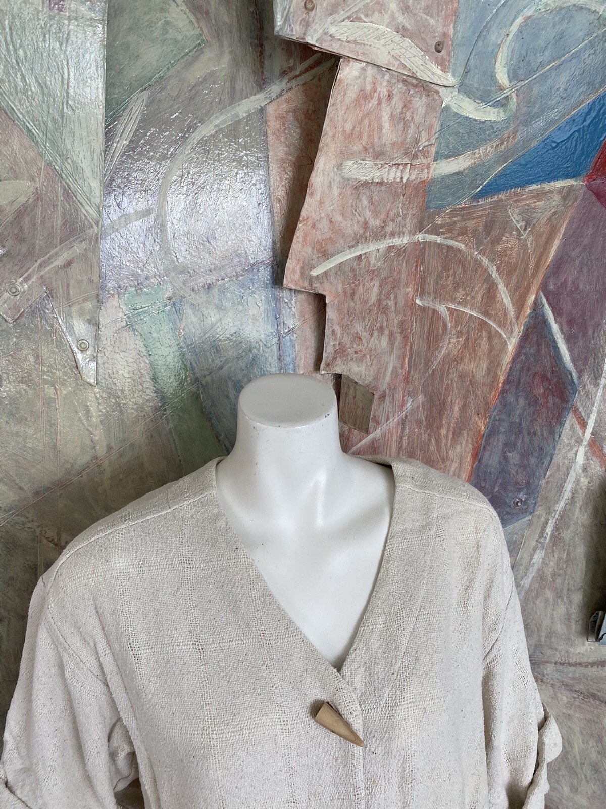 Vintage Regina Kravitz Dress Cream Linen Pocketed Size 6 Mid Length Boho Shift
