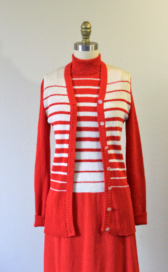 VTG 70s Red White Striped Knits By Don Sweater Dress & Cardigan 2 piece MOD