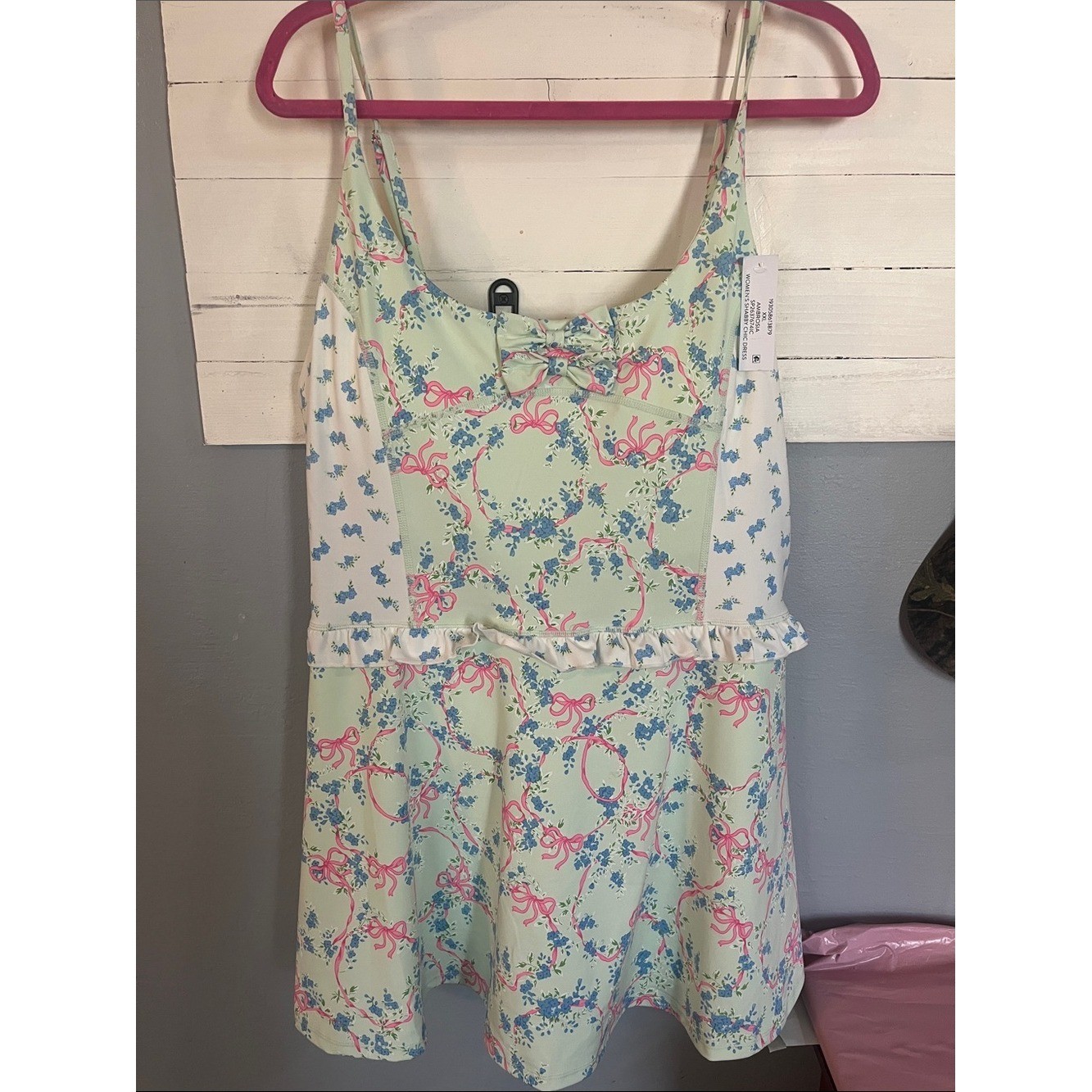 Shabby Chic Mint Dress with Pink Bow & Blue Floral Print