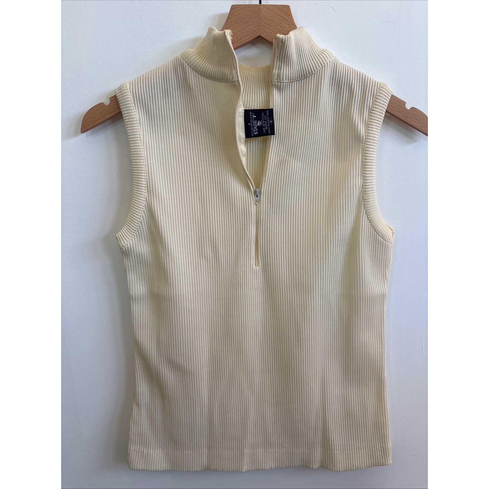 Vintage Stage 7 Ivory Ribbed Mock Neck Sleeveless Knit Top Zip Back Cream Sz 8