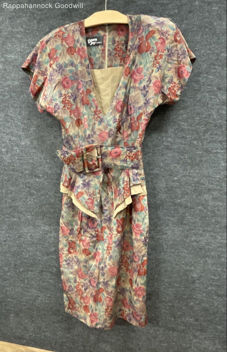 Vintage 80s Dawn Joy Fashions Women’s Multicolor Floral Peplum Belted Dress